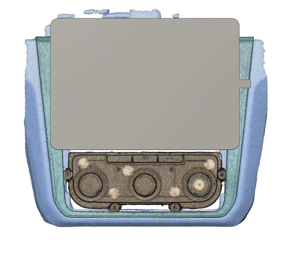 VW Caddy keskkonsooli 3D-mudel, kuhu on kavandatud tahvelarvuti ja Helix Conductor’i paigutus.